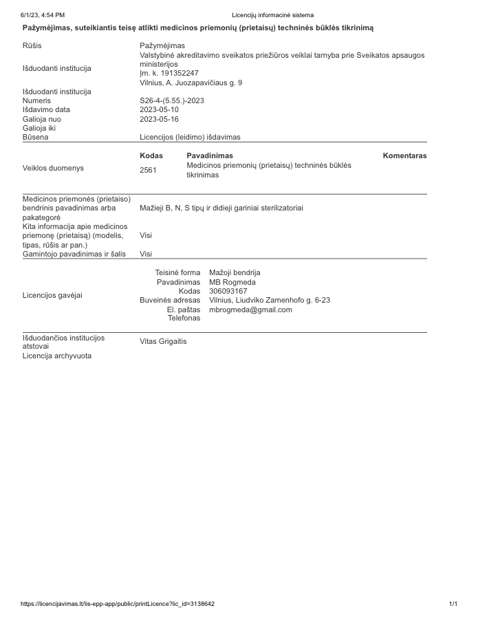 Gariniai sterilizatoriai – sertifikatas